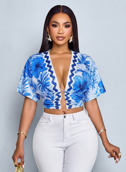 SOLERSUN Tropical Floral Deep V-Neck Crop Top