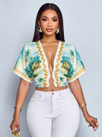 SOLERSUN Tropical Floral Deep V-Neck Crop Top