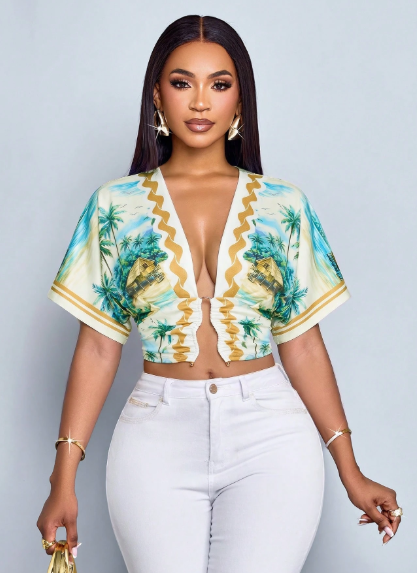 SOLERSUN Tropical Floral Deep V-Neck Crop Top