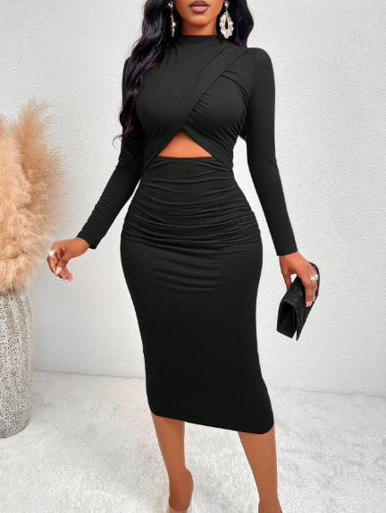 SOLERSUN Long Sleeve Cut-Out Ruched Midi Bodycon Dress