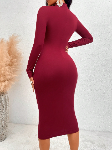 SOLERSUN Long Sleeve Cut-Out Ruched Midi Bodycon Dress