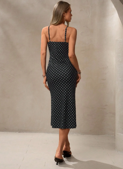 SOLERSUN Polka Dot Lace Trim Spaghetti Strap Midi Bodycon Dress