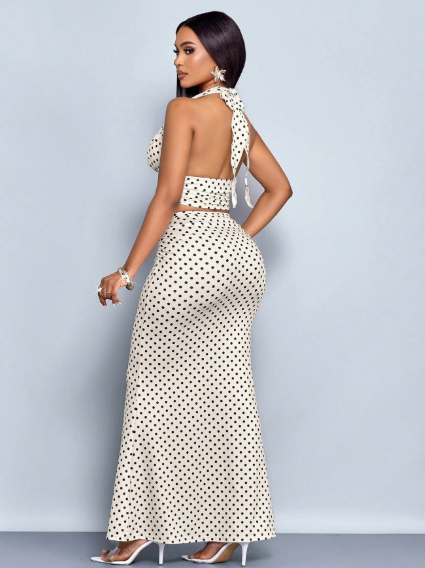 SOLERSUN Polka Dot Halter Crop Top & Mermaid Maxi Skirt Set