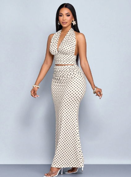 SOLERSUN Polka Dot Halter Crop Top & Mermaid Maxi Skirt Set