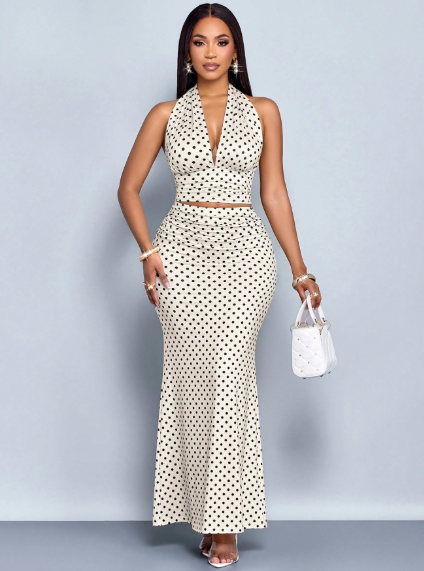 SOLERSUN Polka Dot Halter Crop Top & Mermaid Maxi Skirt Set