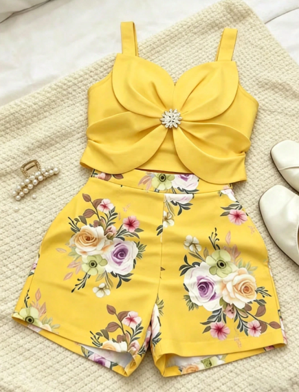 EMERY ROSE Floral Camisole Top & High-Waist Shorts Two-Piece Set
