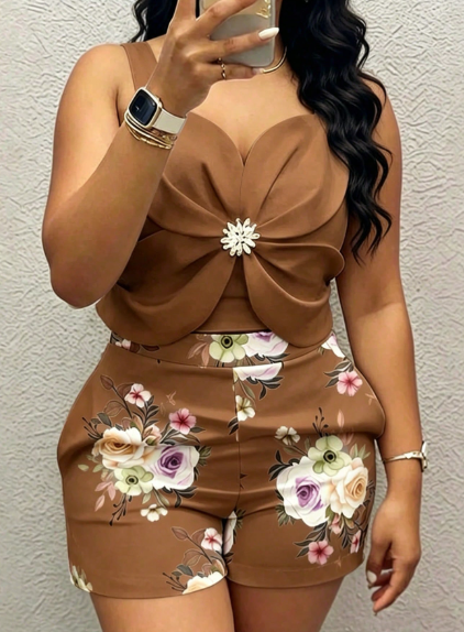 EMERY ROSE Floral Camisole Top & High-Waist Shorts Two-Piece Set