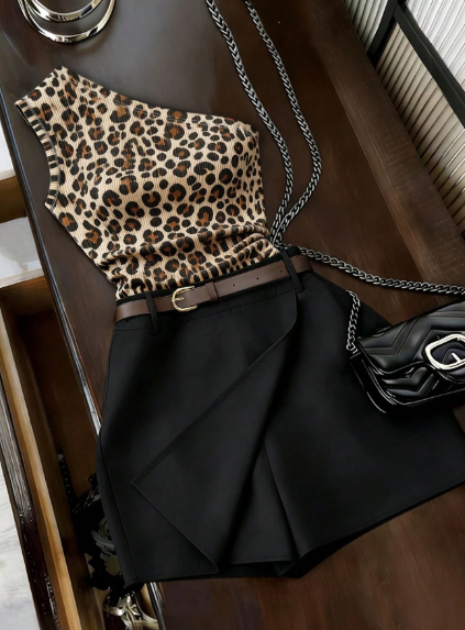 Franclia Leopard Print One-Shoulder Top & Wide-Leg Shorts Two-Piece Set
