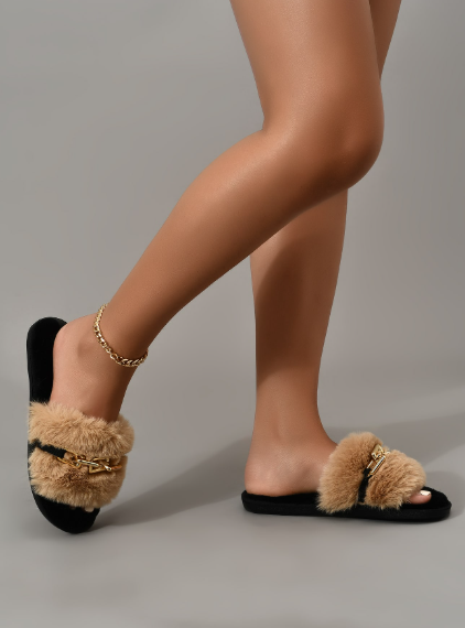 Women's Faux Fur Chain Decor Slippers