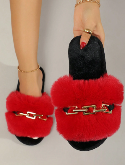 Women's Faux Fur Chain Decor Slippers