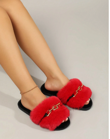 Women's Faux Fur Chain Decor Slippers