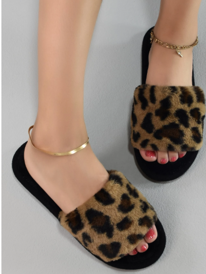 Women's Leopard Print Faux Fur Open-Toe Slippers