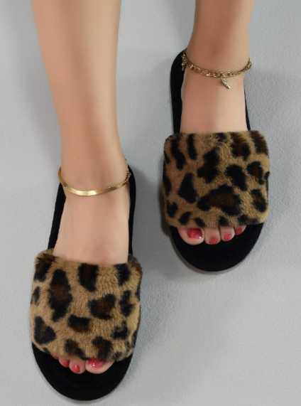 Women's Leopard Print Faux Fur Open-Toe Slippers