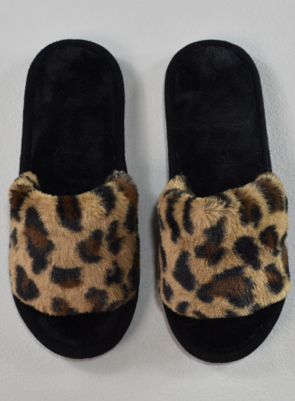 Women's Leopard Print Faux Fur Open-Toe Slippers