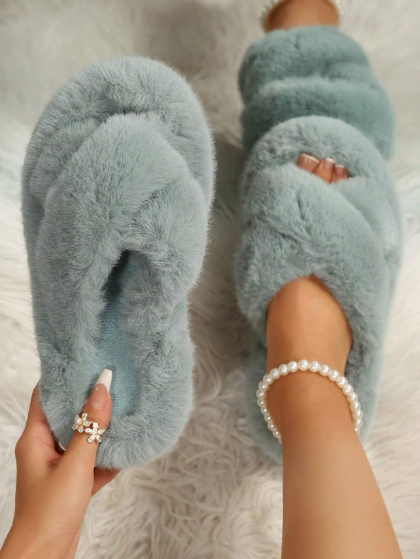 Women's Cross-Band Plush House Slippers