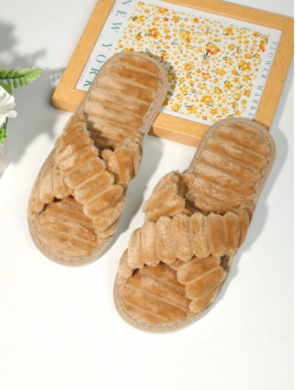Women's Plush Cross Strap House Slippers