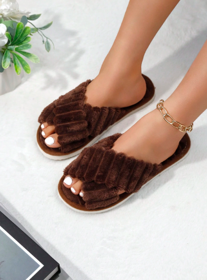 Women's Plush Cross Strap House Slippers