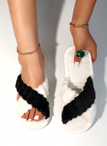 Women's Plush Cross Strap House Slippers