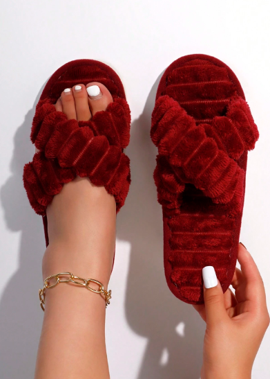 Women's Plush Cross Strap House Slippers