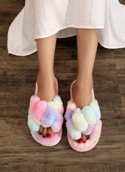 Women's Rainbow Plush Cross-Band Slippers