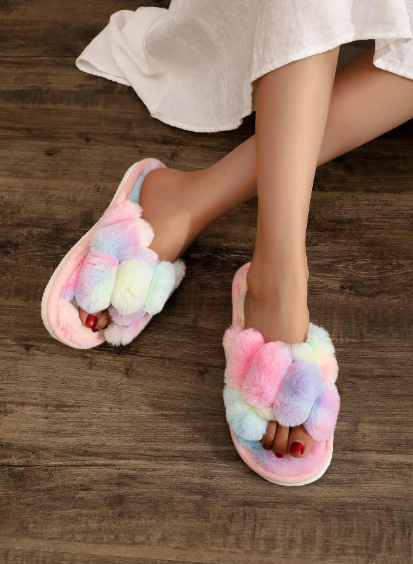 Women's Rainbow Plush Cross-Band Slippers
