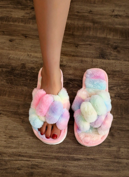 Women's Rainbow Plush Cross-Band Slippers
