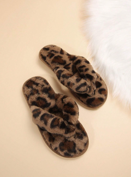 Women's Leopard Print Plush Cross-Band Slippers