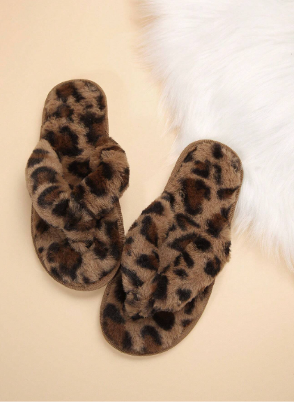 Women's Leopard Print Plush Cross-Band Slippers